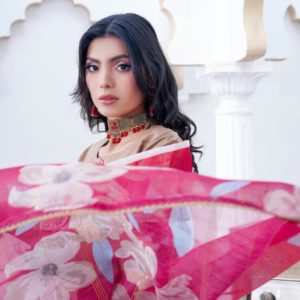 Striking portrait of a fashion model in traditional South Asian attire with vibrant colors.