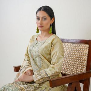 Portrait of a stylish woman in an embroidered traditional dress seated indoors.